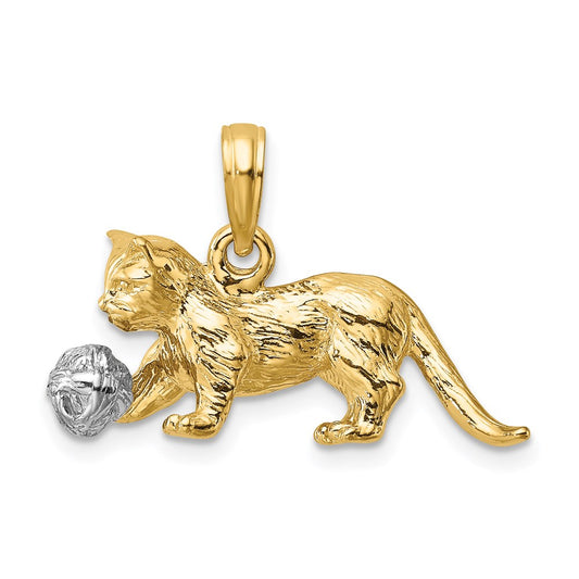 Million Charms 14K With Rhodium-plated 3-D Cat Playing With Moveable Ball Charm