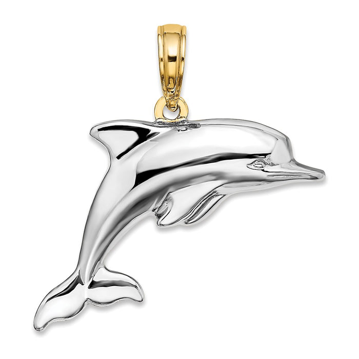Million Charms 14K Yellow Gold Themed With Rhodium-plated 3-D Reversible Puffed Dolphin Charm