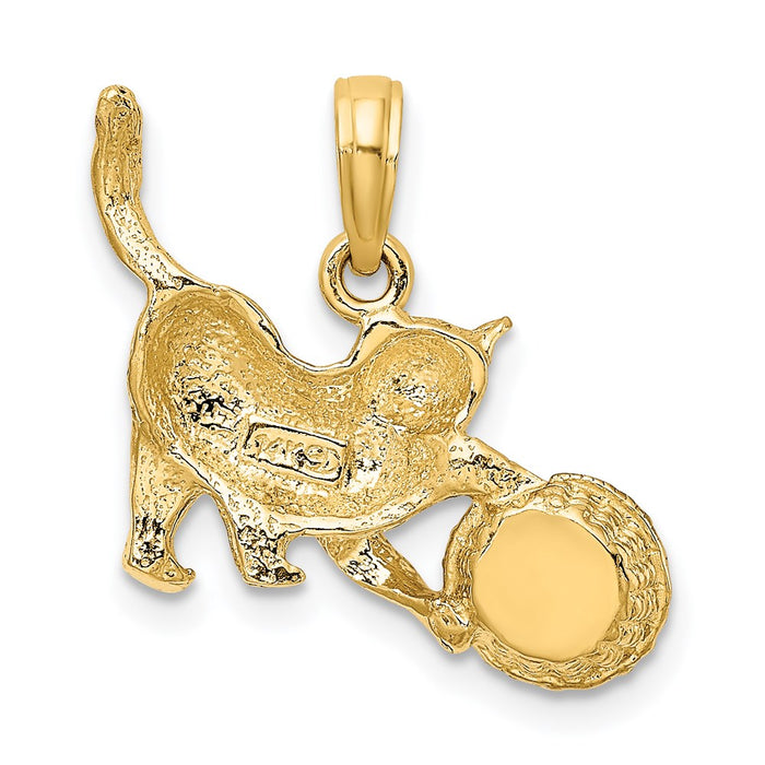 Million Charms 14K Yellow Gold Themed With Rhodium-Plated 2-D Cat Playing With Yarn In Basket Charm