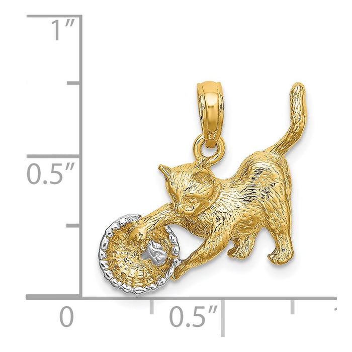 Million Charms 14K Yellow Gold Themed With Rhodium-Plated 2-D Cat Playing With Yarn In Basket Charm