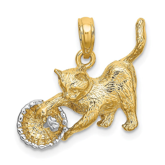 Million Charms 14K Yellow Gold Themed With Rhodium-Plated 2-D Cat Playing With Yarn In Basket Charm