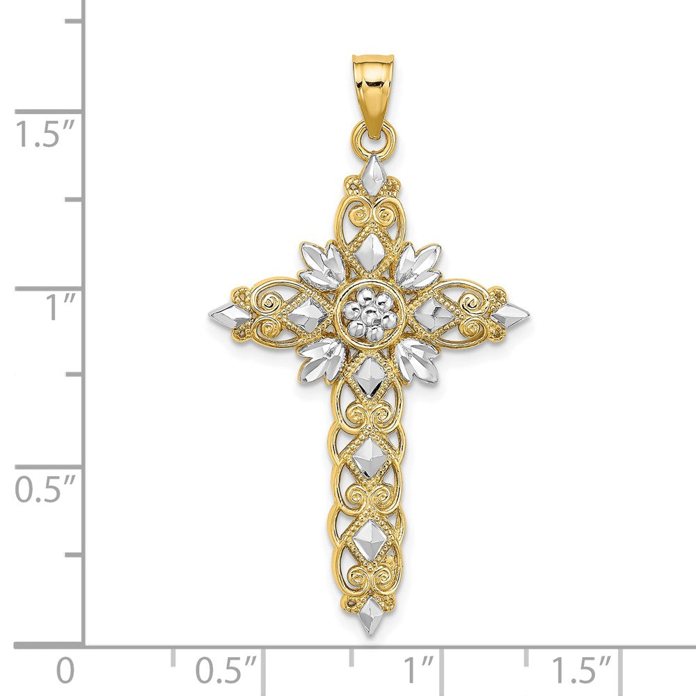 Million Charms 14K Yellow Gold Themed With Rhodium-Plated, Diamond-Cut Relgious Cross Charm