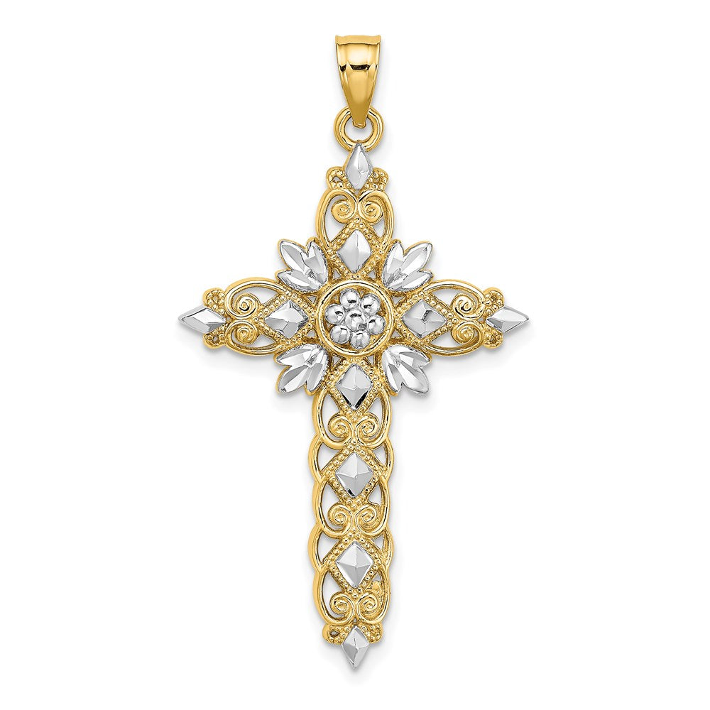 Million Charms 14K Yellow Gold Themed With Rhodium-Plated, Diamond-Cut Relgious Cross Charm