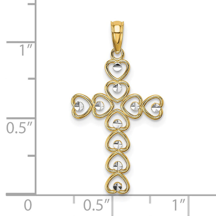 Million Charms 14K Yellow Gold Themed With Rhodium-Plated Diamond-Cut Heart Relgious Cross Charm