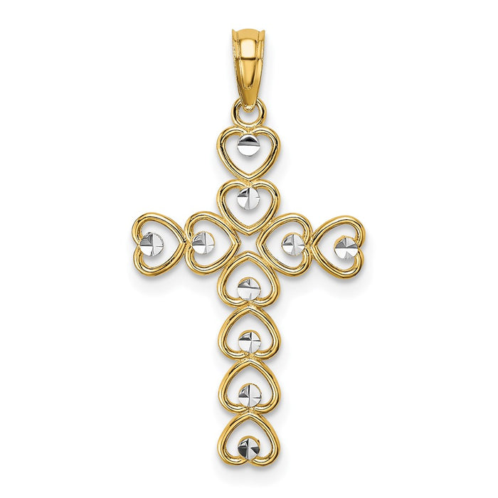 Million Charms 14K Yellow Gold Themed With Rhodium-Plated Diamond-Cut Heart Relgious Cross Charm