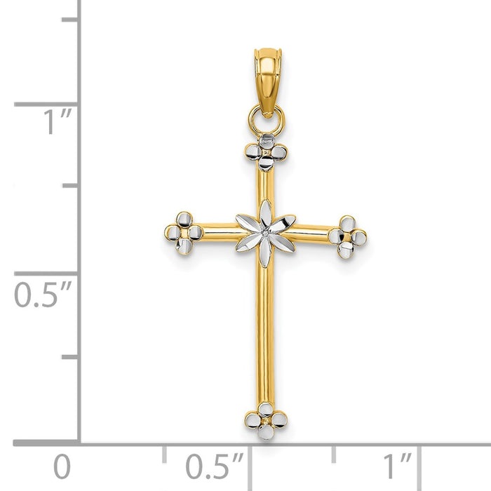 Million Charms 14K Yellow Gold Themed With Rhodium-Plated Thin Diamond-Cut Relgious Cross Charm