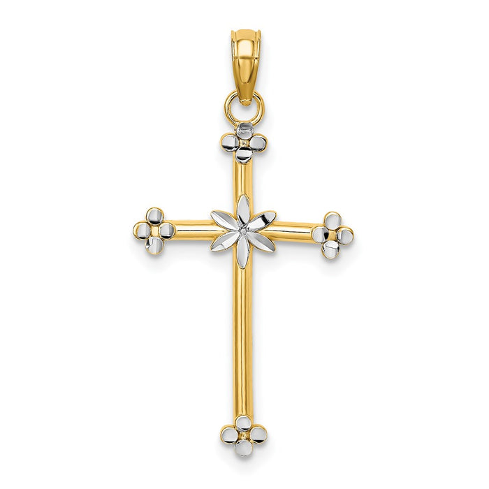 Million Charms 14K Yellow Gold Themed With Rhodium-Plated Thin Diamond-Cut Relgious Cross Charm