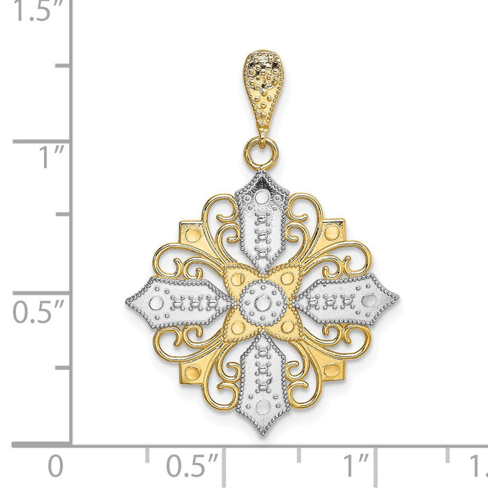 Million Charms 14K Yellow Gold Themed With Rhodium-Plated Cut-Out Relgious Cross Medallion Charm