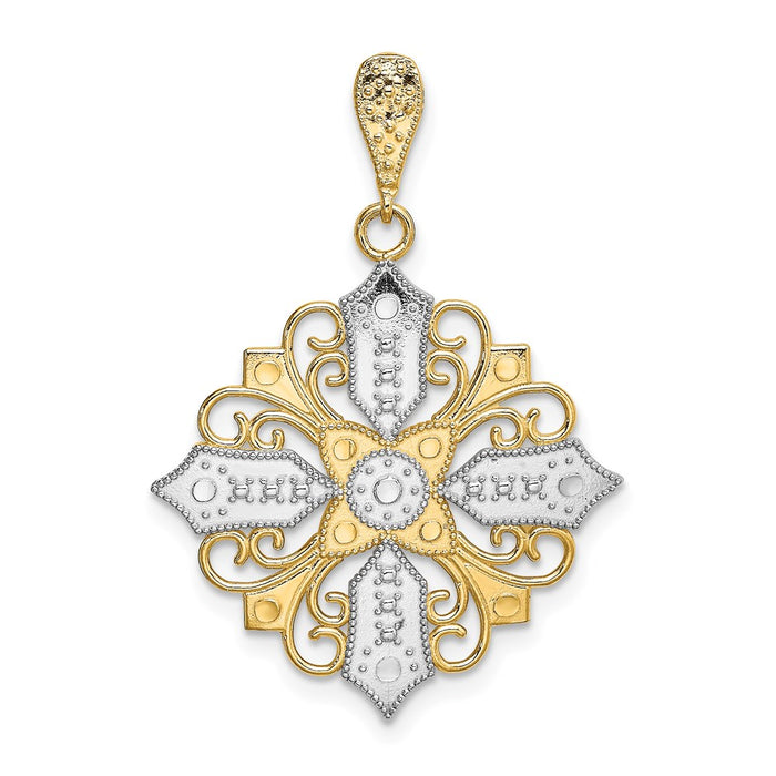 Million Charms 14K Yellow Gold Themed With Rhodium-Plated Cut-Out Relgious Cross Medallion Charm