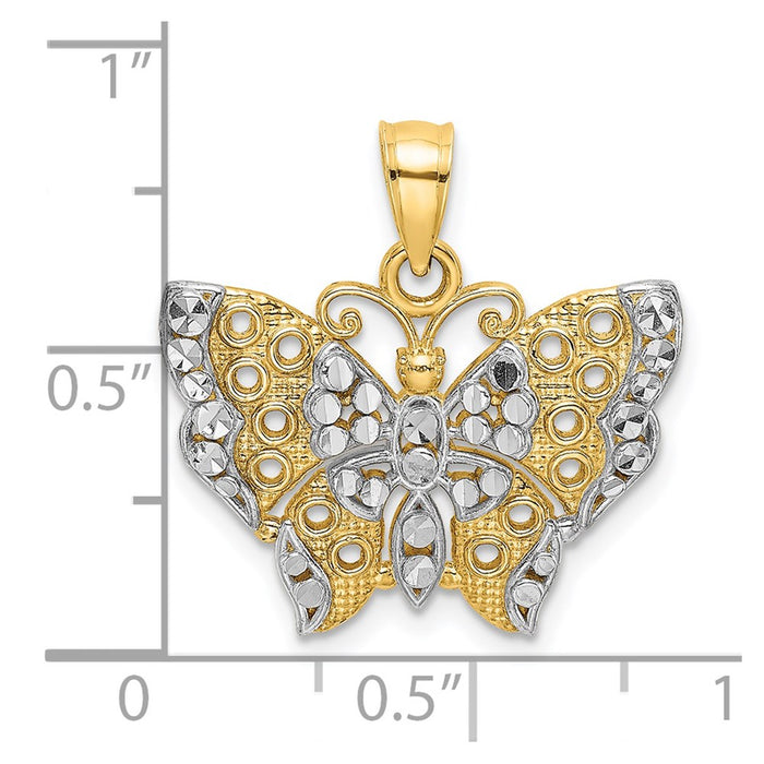 Million Charms 14K Yellow Gold Themed With Rhodium-Plated Diamond-Cut Butterfly With White Edge & Cut-Out Wings