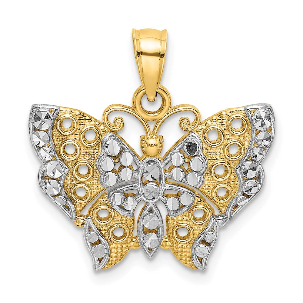 Million Charms 14K Yellow Gold Themed With Rhodium-Plated Diamond-Cut Butterfly With White Edge & Cut-Out Wings