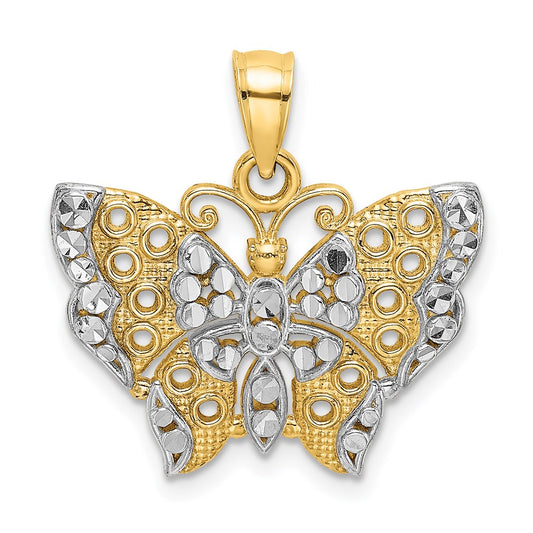 Million Charms 14K Yellow Gold Themed With Rhodium-Plated Diamond-Cut Butterfly With White Edge & Cut-Out Wings