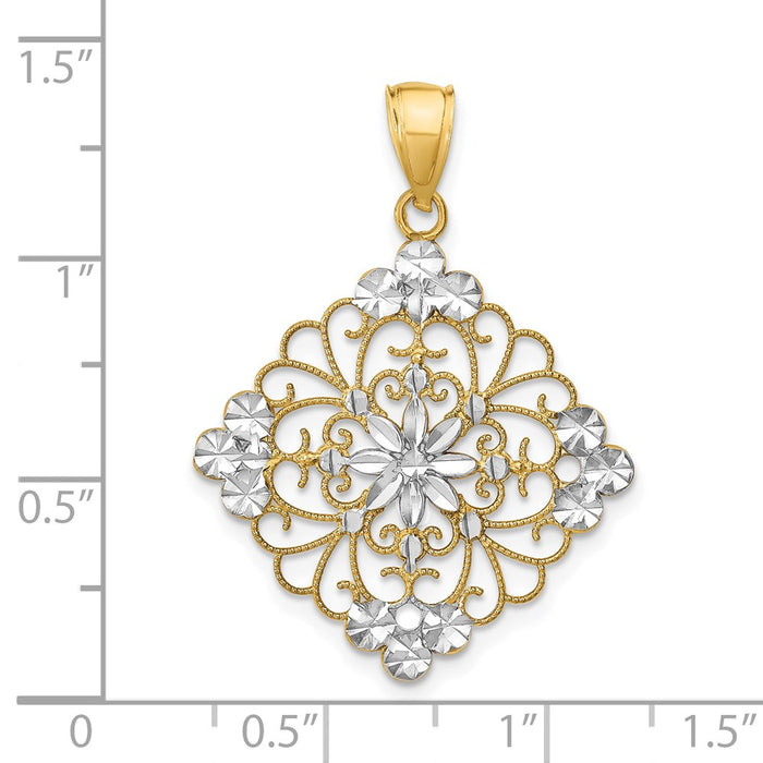 Million Charms 14K Yellow Gold Themed With Rhodium-Plated Diamond-Cut Filigree Medallion Charm