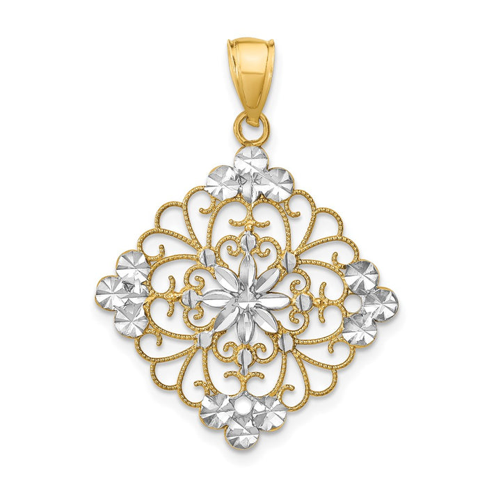 Million Charms 14K Yellow Gold Themed With Rhodium-Plated Diamond-Cut Filigree Medallion Charm