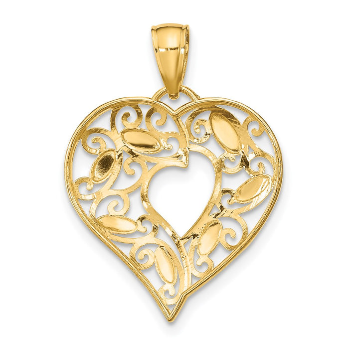 Million Charms 14K Yellow Gold Themed With Rhodium-Plated Diamond-Cut Filigree Heart Charm