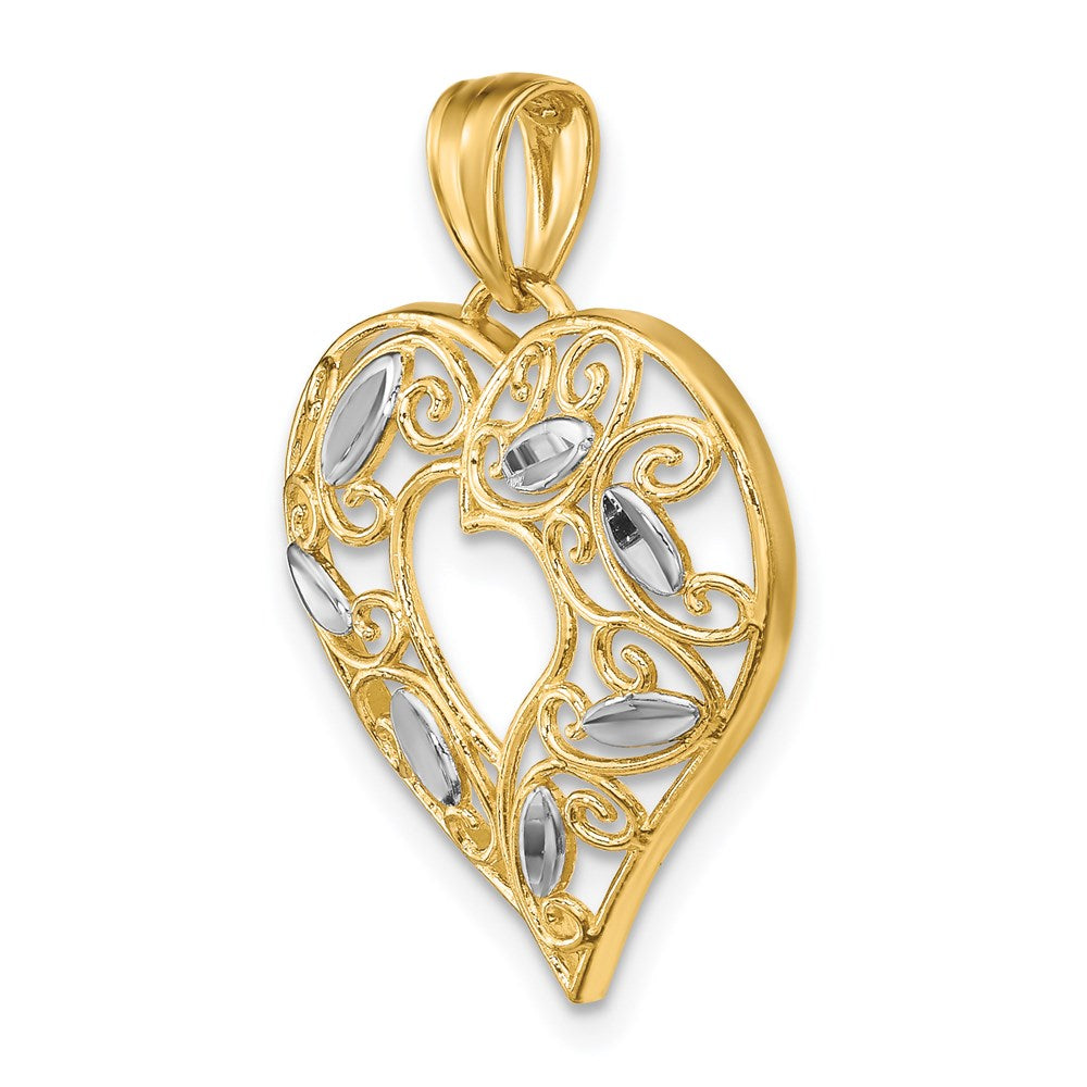 Million Charms 14K Yellow Gold Themed With Rhodium-Plated Diamond-Cut Filigree Heart Charm