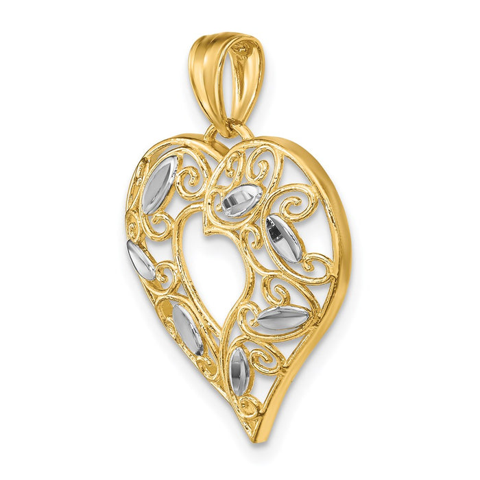 Million Charms 14K Yellow Gold Themed With Rhodium-Plated Diamond-Cut Filigree Heart Charm