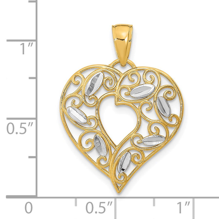 Million Charms 14K Yellow Gold Themed With Rhodium-Plated Diamond-Cut Filigree Heart Charm
