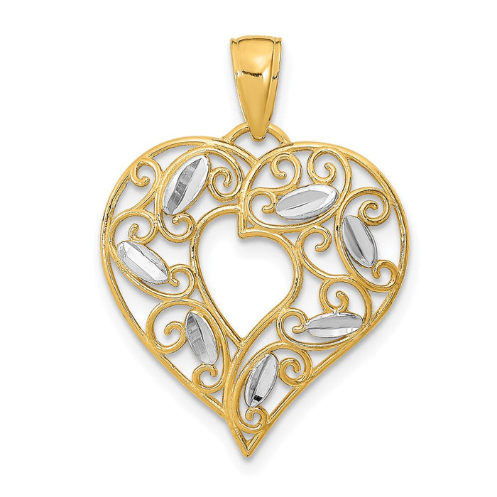 Million Charms 14K Yellow Gold Themed With Rhodium-Plated Diamond-Cut Filigree Heart Charm