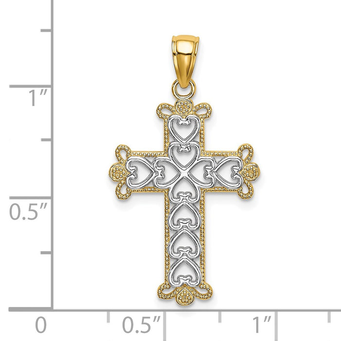 Million Charms 14K Yellow Gold Themed With Rhodium-Plated Polished & Textured Beaded Relgious Cross Charm