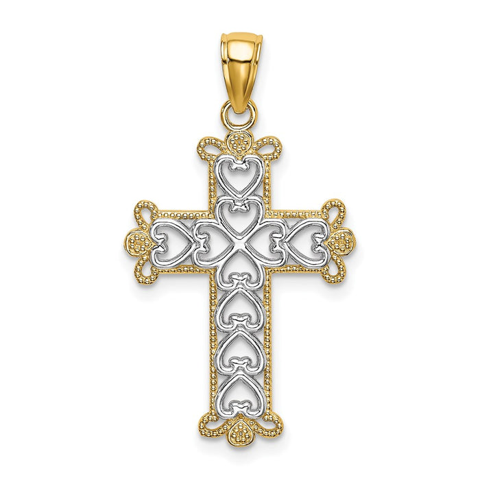 Million Charms 14K Yellow Gold Themed With Rhodium-Plated Polished & Textured Beaded Relgious Cross Charm