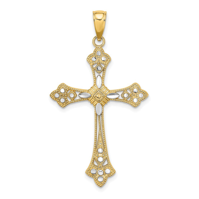 Million Charms 14K Yellow Gold Themed With Rhodium-Plated, Diamond-Cut Edges Relgious Cross Charm