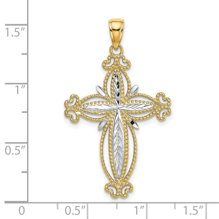 Million Charms 14K Yellow Gold Themed With Rhodium-Plated, Diamond-Cut Puffed Relgious Cross Charm