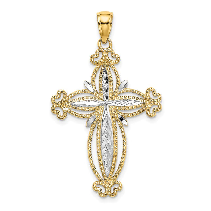 Million Charms 14K Yellow Gold Themed With Rhodium-Plated, Diamond-Cut Puffed Relgious Cross Charm