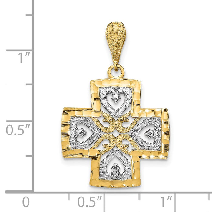 Million Charms 14K Yellow Gold Themed With Rhodium-Plated Diamond-Cut Heart Relgious Cross Charm