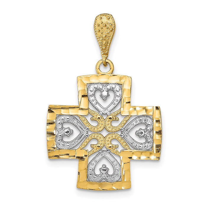 Million Charms 14K Yellow Gold Themed With Rhodium-Plated Diamond-Cut Heart Relgious Cross Charm