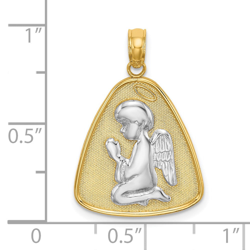 Million Charms 14K Yellow Gold Themed With Rhodium-Plated Angel Praying With Halo On Triangle Disc