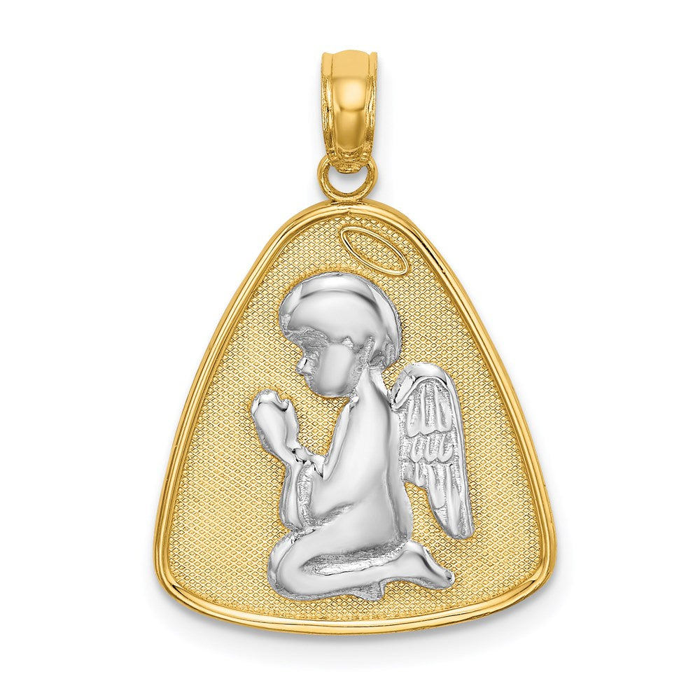 Million Charms 14K Yellow Gold Themed With Rhodium-Plated Angel Praying With Halo On Triangle Disc