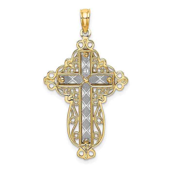 Million Charms 14K With Rhodium-plated 2-D, Diamond-Cut Filigree Relgious Cross Charm