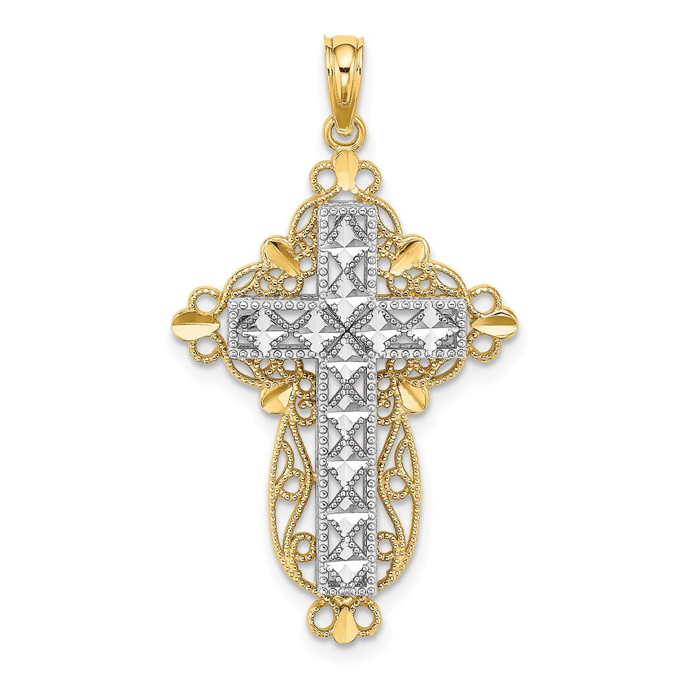 Million Charms 14K With Rhodium-plated 2-D, Diamond-Cut Filigree Relgious Cross Charm