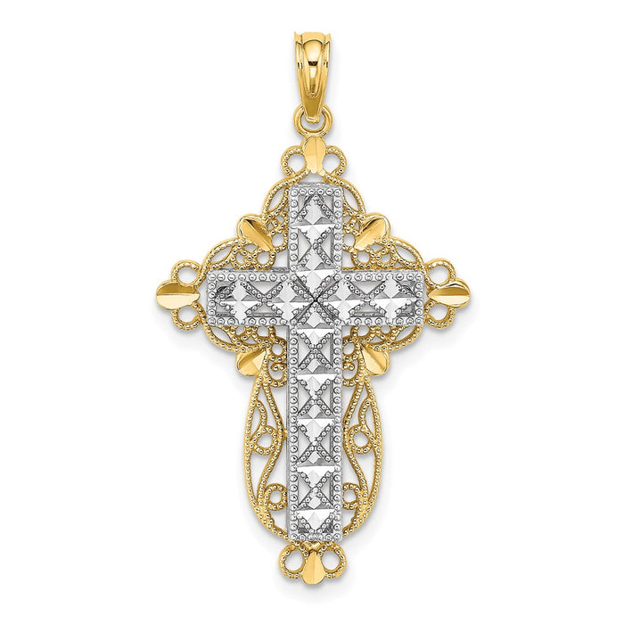 Million Charms 14K With Rhodium-plated 2-D, Diamond-Cut Filigree Relgious Cross Charm