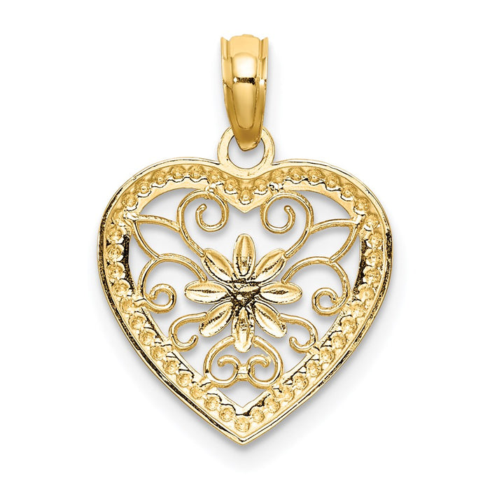 Million Charms 14K Yellow Gold Themed Beaded Heart With Rhodium-Plated Flower & Filigree Charm