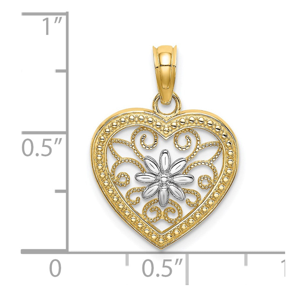 Million Charms 14K Yellow Gold Themed Beaded Heart With Rhodium-Plated Flower & Filigree Charm