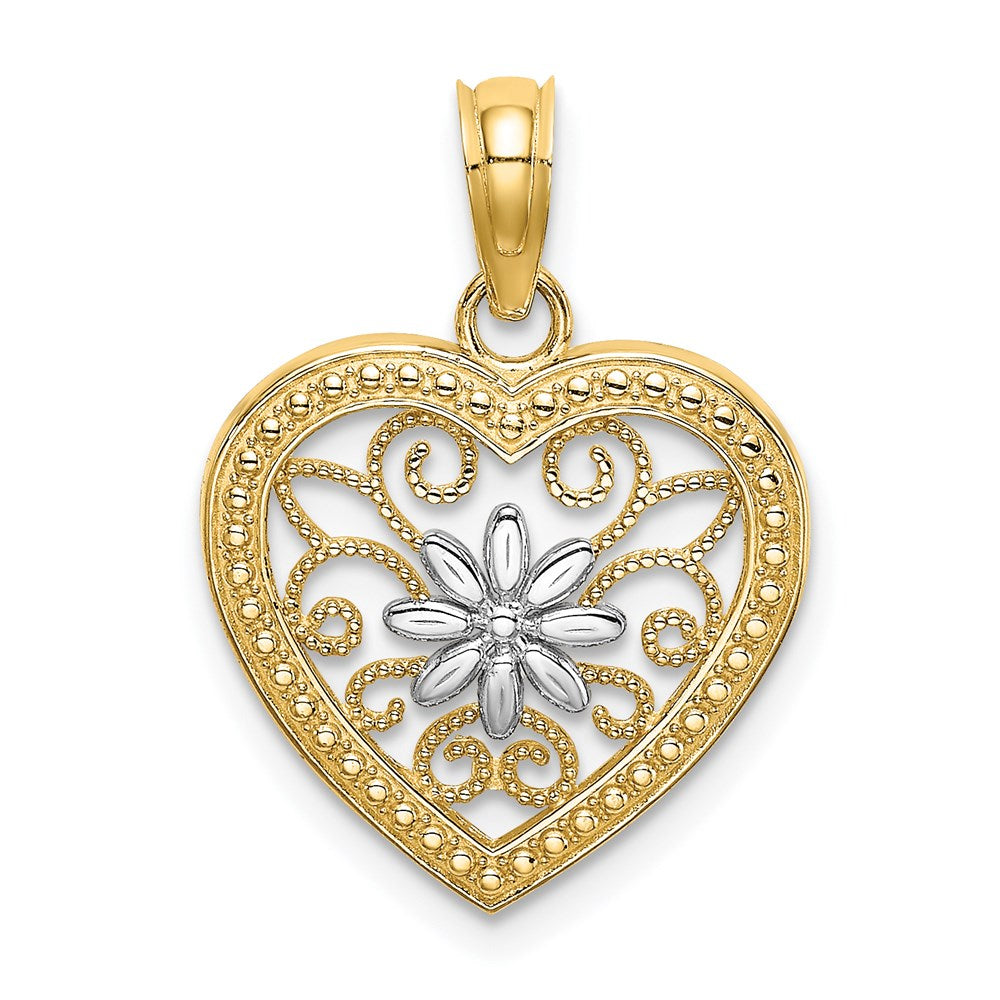 Million Charms 14K Yellow Gold Themed Beaded Heart With Rhodium-Plated Flower & Filigree Charm
