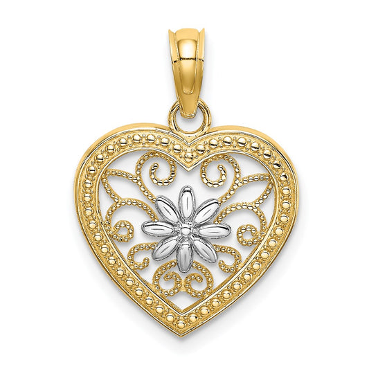 Million Charms 14K Yellow Gold Themed Beaded Heart With Rhodium-Plated Flower & Filigree Charm