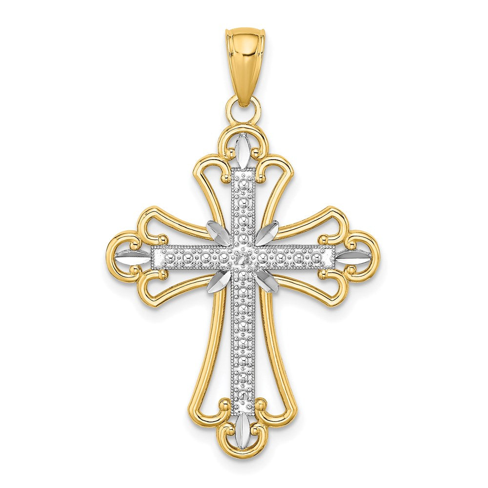 Million Charms 14K Yellow Gold Themed With Rhodium-Plated & Textured Block Relgious Cross Charm