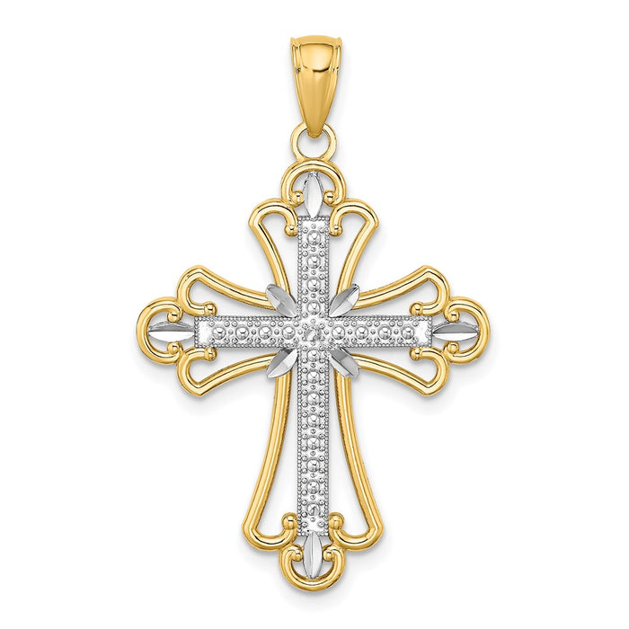 Million Charms 14K Yellow Gold Themed With Rhodium-Plated & Textured Block Relgious Cross Charm