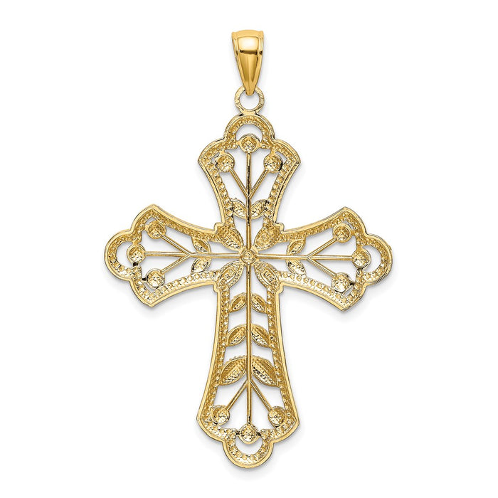 Million Charms 14K Yellow Gold Themed With Rhodium-Plated & Diamond-Cut Leaves, Beaded Relgious Cross Charm