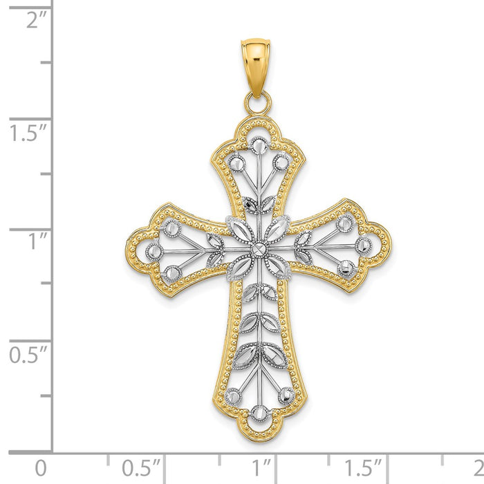 Million Charms 14K Yellow Gold Themed With Rhodium-Plated & Diamond-Cut Leaves, Beaded Relgious Cross Charm