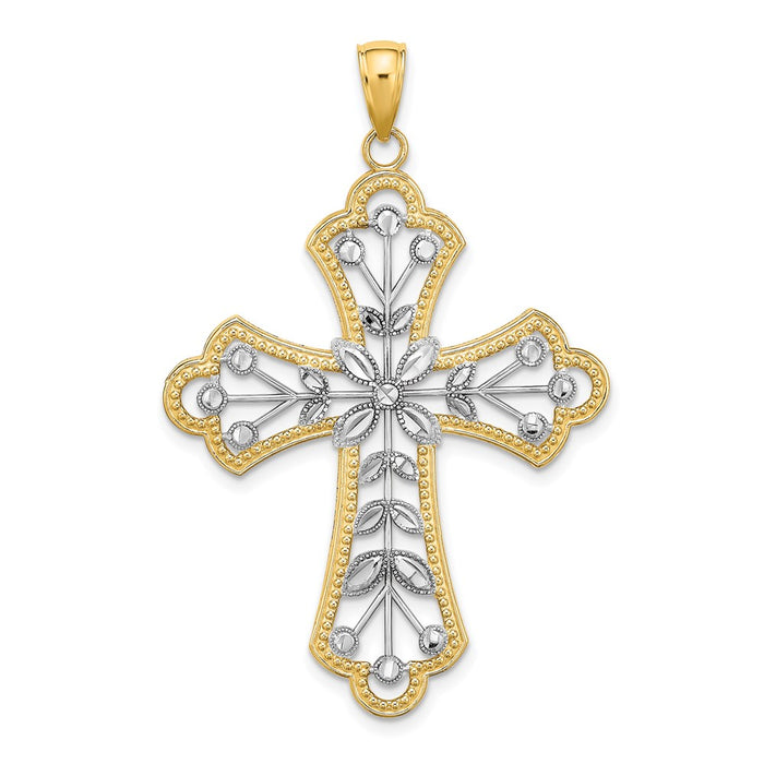 Million Charms 14K Yellow Gold Themed With Rhodium-Plated & Diamond-Cut Leaves, Beaded Relgious Cross Charm