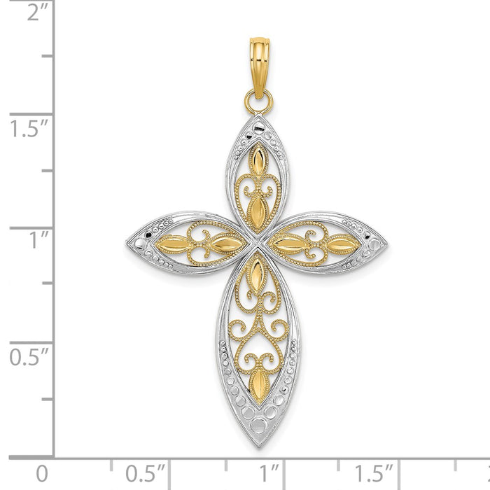 Million Charms 14K Yellow Gold Themed With Rhodium-Plated Beaded Filigree Relgious Cross Charm
