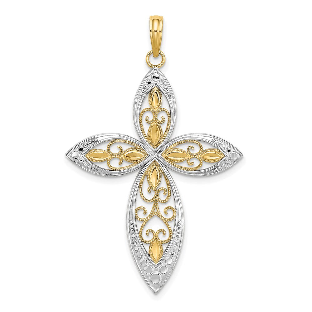 Million Charms 14K Yellow Gold Themed With Rhodium-Plated Beaded Filigree Relgious Cross Charm