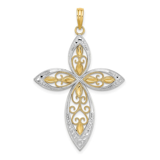 Million Charms 14K Yellow Gold Themed With Rhodium-Plated Beaded Filigree Relgious Cross Charm