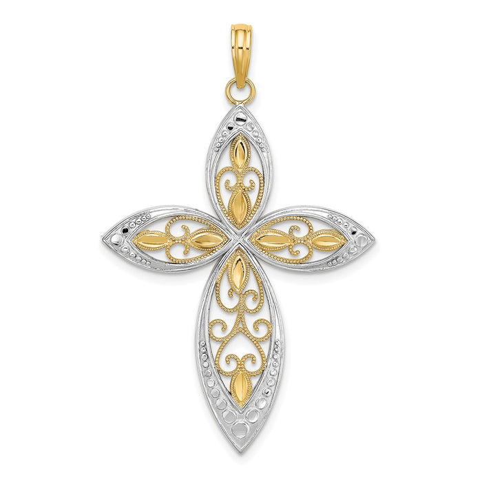 Million Charms 14K Yellow Gold Themed With Rhodium-Plated Beaded Filigree Relgious Cross Charm