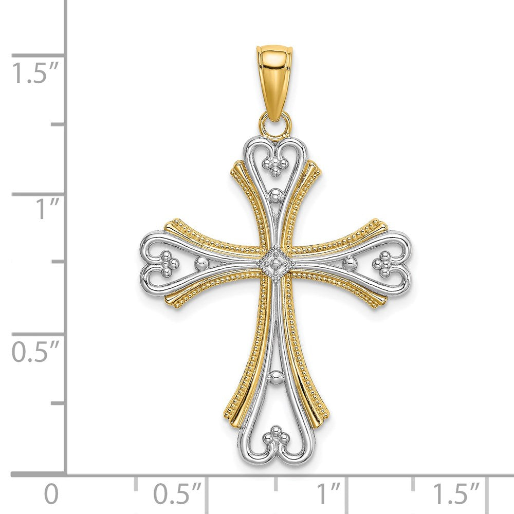 Million Charms 14K Yellow Gold Themed With Rhodium-Plated Beaded Heart Relgious Cross Charm