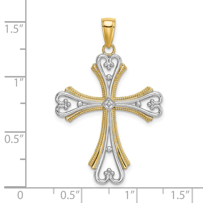 Million Charms 14K Yellow Gold Themed With Rhodium-Plated Beaded Heart Relgious Cross Charm